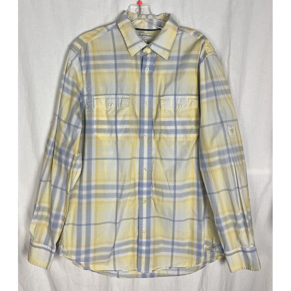 Banana Republic Button Up Shirt Mens L (16- 16 1/2) Roll Tab Sleeve Cotton Plaid